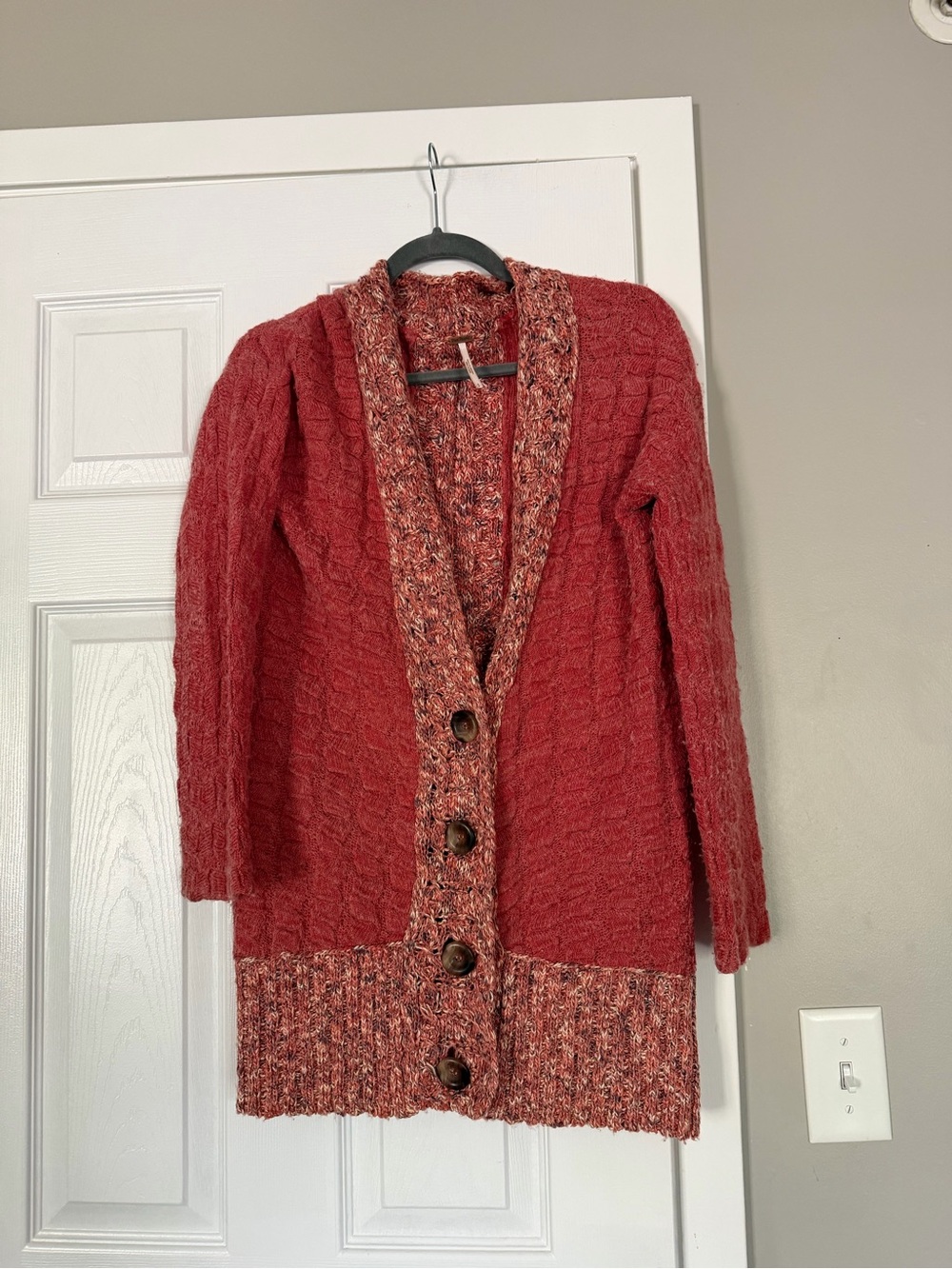 Free People Coral Long Cozy Button Cardigan Sweater